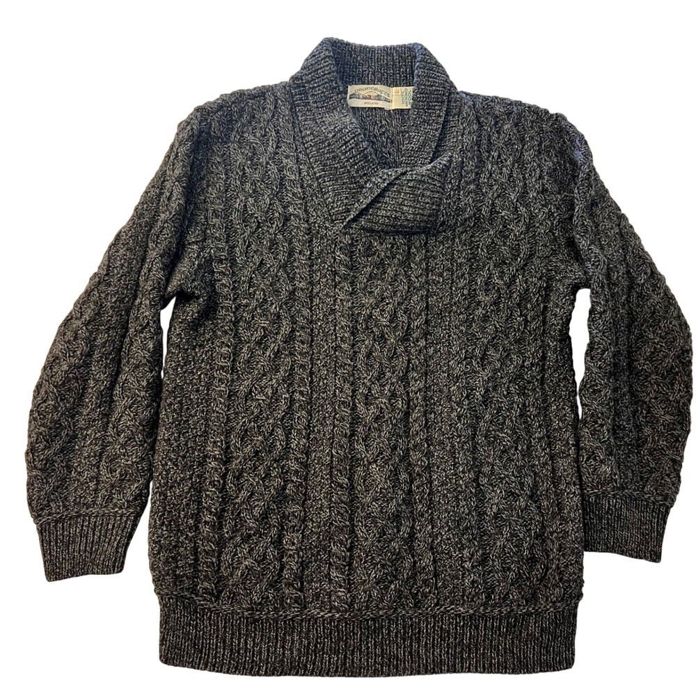 Arancrafts Ireland Merino Wool Shawl Collar Cable Knit Sweater Grey Mens Large